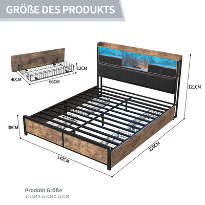 Immagine prodotto di Letto matrimoniale in metallo, dimensioni 140x200 cm, con 4 cassetti, illuminazione a LED, stazione di ricarica, spazio contenitivo nella testiera, colore nero/legno