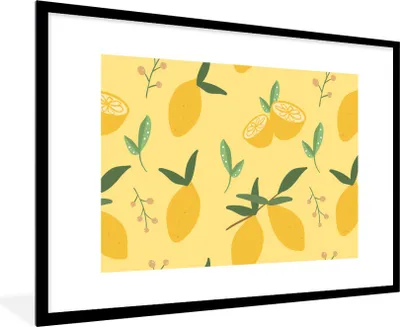 Produktbild von MuchoWow® MuchoWow® Gerahmtes Poster Zitrone - Blätter - Muster 90x60 cm - Poster mit zchwarzem Bilderrahmen - Wanddekoration - Fotos