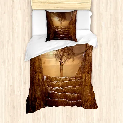 Produktbild von ABAKUHAUS Baum Mantele, Brown Himmel Sonnenuntergang bewölkt, Milbensicher Allergiker geeignet mit Kissenbezügen, 135 cm x 200 cm - 80 x 80 cm, Braun