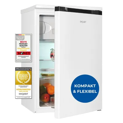 A white refrigerator with its door slightly ajar, displaying food items inside. Several award badges are attached to the left side of the refrigerator.