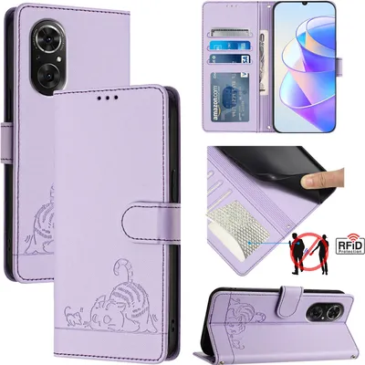 Obrázek produktu pro Kožené pouzdro pro Huawei Nova 9 SE/Honor 50 SE, sladká kočka Flip pouzdro s funkcí stojánku a peněženkou Fialová