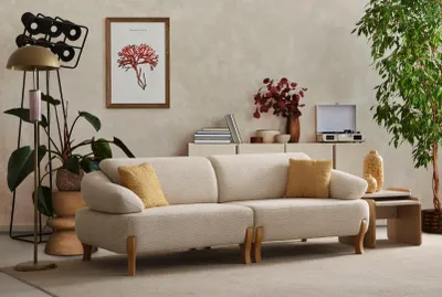 Productafbeelding van Beige woonkamer set, design, driezitter, houten bijzettafeltje - 2-delig