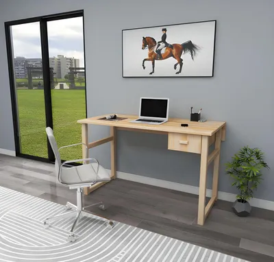 Produktbild von Holz-Schreibtisch in Beige mit ausziehbaren Schubladen und elegantem