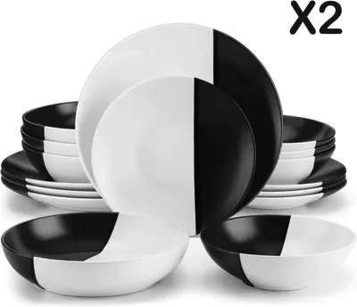 Immagine prodotto di Set di stoviglie bianco e nero - Vetroceramica - 8 piatti grandi - 8 piatti piccoli - 8 piatti fondi - 8 ciotole - 32 pezzi - Bianco