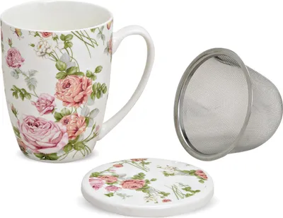 Produktbild von matches21 Teetasse Teebecher Rose Blüten Rosenblüten mit Deckel & Teesieb aus Porzellan 11 cm / 300 ml