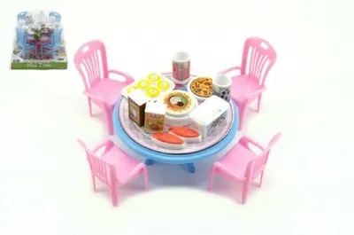Immagine prodotto di Teddies Tavolo e sedie con accessori in plastica 12cm in 3 colori in blister