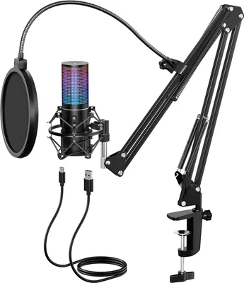 Produktbild von RGB USB Gaming Mikrofon für PC, Podcast und Streaming, Nierencharakteristik, Metallgehäuse, Boom-Arm, Stummschalttaste, kompatibel mit Twitch, PS4,PS5