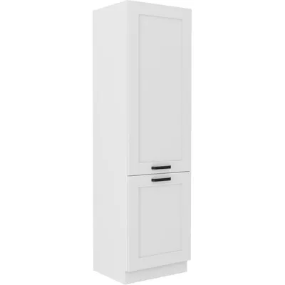 A tall, white kitchen cabinet with two doors and black handles, shown against a white background.