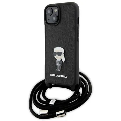 Produktbild von Karl Lagerfeld Crossbody Saffiano Monogram Ikonik Metal Pin - iPhone 15 Hülle (Schwarz)