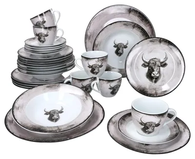 Image de Service de table 30 pièces en porcelaine Toro avec motif de vache, pour 6 personnes