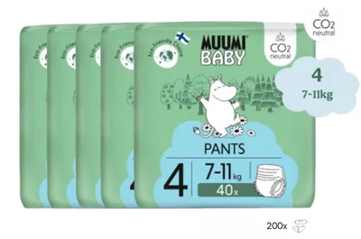 Produktbild von Moomin Baby Öko-Windelhosen – Monatspackung mit 200 Stück – Größe 4 (7–11 kg)