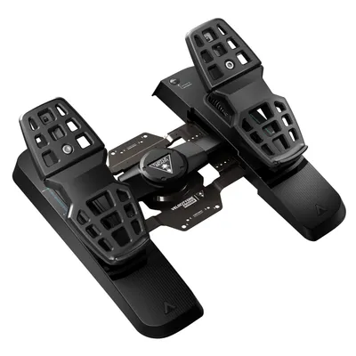 A pair of black gaming rudder pedals on a white background.