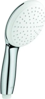 A hand shower head with a chrome handle and white spray face.