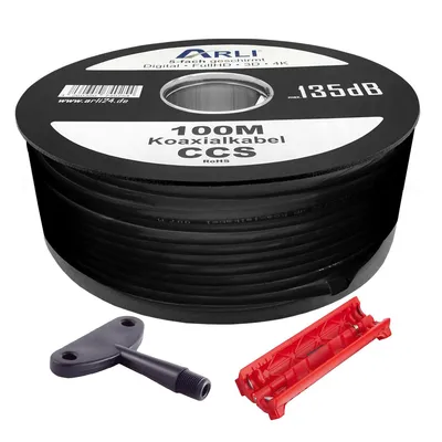 Produktbild von ARLI 100m Koaxialkabel schwarz max. 135dB 5-fach geschirmt + Abisoliermesser + Aufdrehhilfe – Werkzeug Set für DVB-S/S2, DVB-T/T2, DVB-C/C2, 4K TV UHD