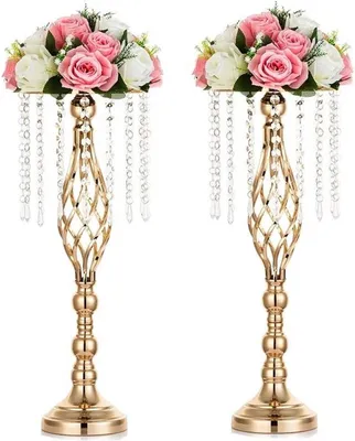 Elegante 2-teilige goldene Metallvasen mit 55 cm Höhe und Kristallkette für Hochzeiten, Kunstblumenarrangements und