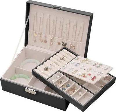 Imagen del producto de Caja de joyería Unyqoos® – Maletín de joyería de 2 niveles, fabricado en cuero sintético (PU), con forro de terciopelo, cierre con candado y llave, 8 ganchos y 6 compartimentos, ideal para collares, pulseras y anillos