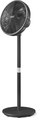 A black pedestal fan with a silver band on a white background.