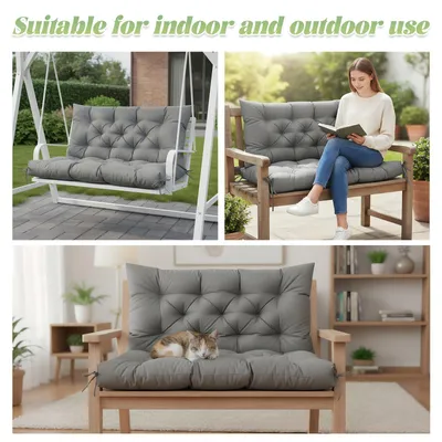 Image de Coussin pour banc de jardin 120 x 100 x 10 cm, coussin d'assise d'extérieur pour banc de jardin (2 à 3 personnes), coussin rembourré pour balancelle, gris clair