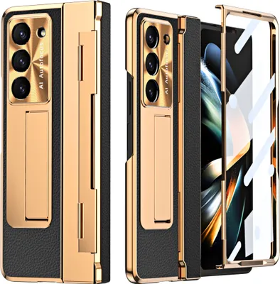 Produktbild von Hülle für Samsung Galaxy Z Fold 5 mit Displayschutz & Objektivschutz Galvanisierte Litschi Ständer Schutzhülle Schwarz