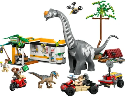 Produktbild von LEGO Jurassic World Raptor & Titanosaurus: Große Fährtensuche – 2 Spielzeug Dinosaurier Figuren, ein Geländewagen, ein Motorrad und 3 Minifiguren – Geschenk für Jungen und Mädchen ab 7 Jahren – 76973