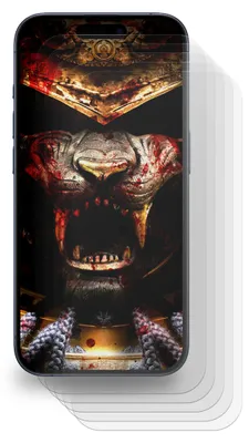 A smartphone with a dark, graphic design featuring a stylized, bloody samurai-like creature's face.
