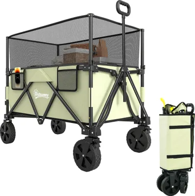 Image de Chariot à main - Chariot de transport pliable - 180 L - Charge maximale 120 kg - Longueur et angle des poignées réglables - Parois latérales extensibles - 101x61x110 cm - Kaki