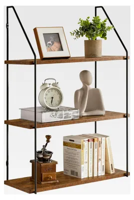 Produktbild von Schweberegal Standregal Wandregal mit 3 Etagen in elegantem Stil, Wandmontage, 60 x 20,5 x 80 cm, aus Holz und Metall, Lagerregale für Schlafzimmer, Küche, Wohnzimmer, Badezimmer