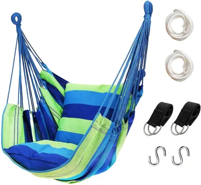 Produktbild von Hängesessel zum Aufhängen, Hängesessel mit Tasche, hochwertiges Baumwollgewebe, für Outdoor, Zuhause, Terrasse, Blau & Grün