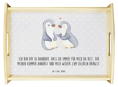 Produktbild von Mr. & Mrs. Panda sofatablett Pinguine trösten - Grau Pastell - Geschenk, Hochzeitstag, für Männer, Holztablett, Freund, tablett aus holz, Valentinstag, Dekotablett