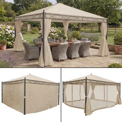 Zdjęcie produktu dla Pergola Cadiz, pawilon ogrodowy, solidna rama 7cm ze ścianą boczną + moskitiera ~ kremowy 4x4m