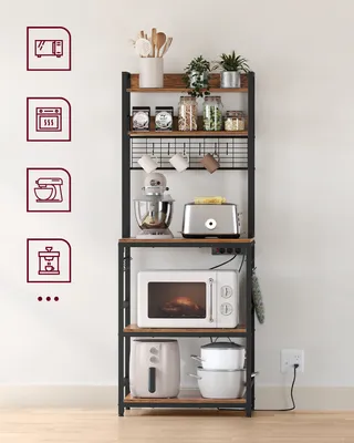 A kitchen shelf unit filled with appliances and decor, standing against a white wall.