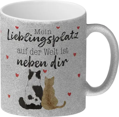 Produktbild von Katzenpaar Glitzer-Kaffeebecher mit Spruch Mein Lieblingsplatz ist bei dir