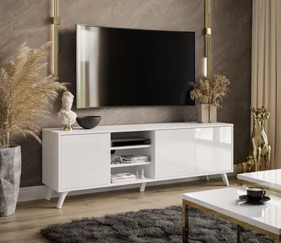Produktbild von SANAYI RTV Schrank auf Beinen mit Ablagen weiß glänzend Weiß / Weiß hochglanz Weiße Kunststoffbeine