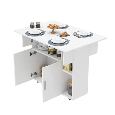 A white foldable dining table with storage is shown with place settings for four people.