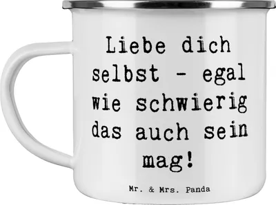 Produktbild von Mr. & Mrs. Panda Emaille Tasse Spruch Selbstakzeptanz Liebe - Weiß - Geschenk, Selbstliebe, becher, inspirierend, Zitat, schwierig, Pott, Selbstvertrauen, Teetasse