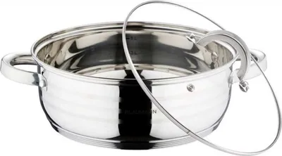 A stainless steel pot with a glass lid.
