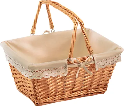 Produktbild von Kobolo Weidenkorb mit Klapphenkeln 40L x 30B x 19/34H cm eckig Textilfutter mit Häkelborte - Klappkorb  zum verschenken Tragekorb Box Klappbügelkorb