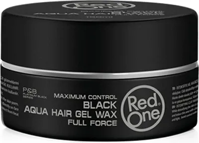 A black jar of Red One Black Aqua Hair Gel Wax is shown against a black background.