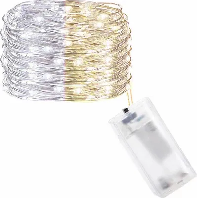 A coiled string of LED lights with a battery pack.