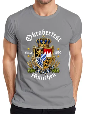 Productafbeelding van Bayern-wapen, leeuw, kroon, bier, hop, mout, traditioneel shirt, lederen broek, heren T-shirt, grijs, XXL