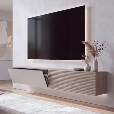 Immagine prodotto di Mobile TV HWC-Q84, basso mobile TV, montaggio a parete, vani a ribalta, struttura 3D, MDF melaminico, 30x160x30 cm, finitura noce chiaro