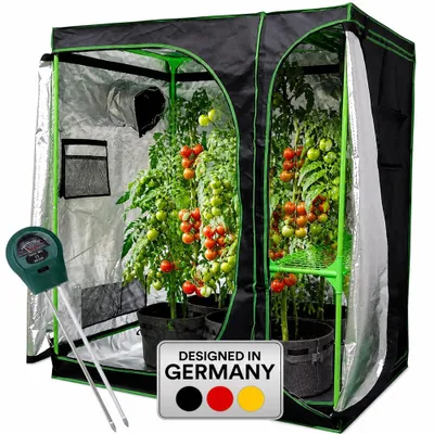 Produktbild von Mucola Gewächshaus inkl. 3 in 1 Feuchtigkeitsmessgerät für Pflanzen Pflanzenzelt Growbox Indoor Pflanzenzelt Zuchtzelt Zuchtschrank Darkroom Frühbeet Schwarz Grün - 120x120x200cm