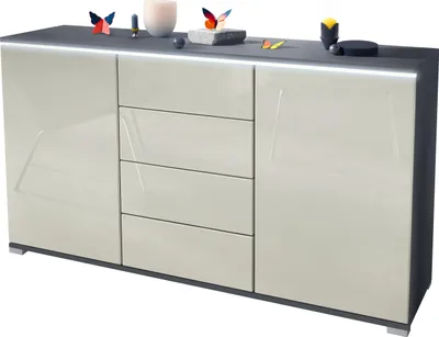 Produktbild von Vladon Sideboard Faro V1 - Kommode mit 2 Türen & 4 Schubladen, Schrank mit LED Lichtleiste, Anthrazit matt / Creme Hochglanz (138,5 x 75,5 x 35)