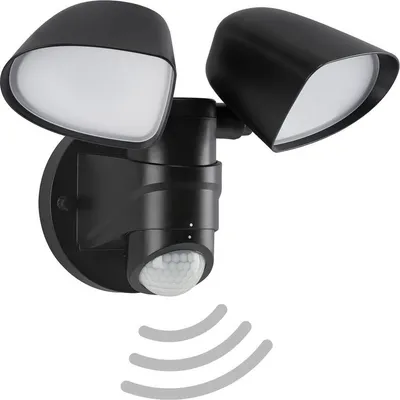 A black LED outdoor light with a motion sensor.