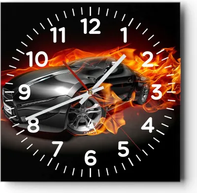 Produktbild von Wanduhr - Quadrat - Glasuhr - Sportwagen Feuer Flammen Rauch - 30x30cm - Schleichendes Uhrwerk - Lautlos - zum Aufhängen bereit - Dekoration Modern - Wanddekoration aus Glas - C4AC30x30-2656
