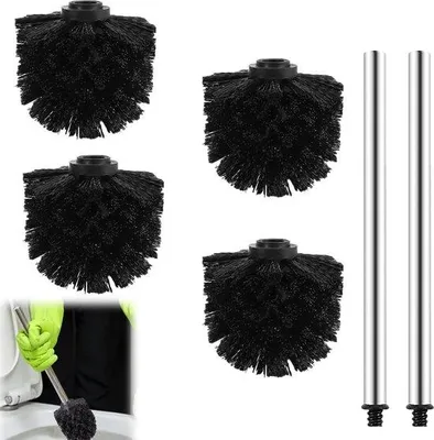 Image de Têtes de brosse de toilettes Ø 8 cm en plastique, lot de 4, poils noirs avec 2 manches en acier inoxydable