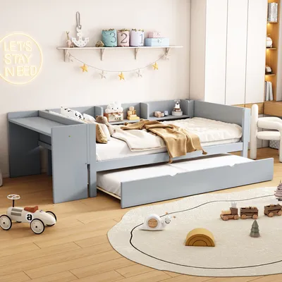 Produktbild von Flieks Kinderbett 90x200cm mit Ausziehbett, Einzelbett Holzbett mit Schreibtisch und Regal, Klassisches Bett für Kinderzimmer, Grau