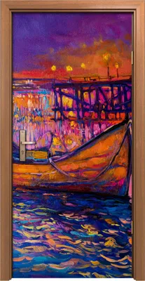 Produktbild von Türposter 90x200 cm Türaufkleber Türtapete Türfolie Klebefolie Kunst Boote Wasser Nacht Brücke Himmel
