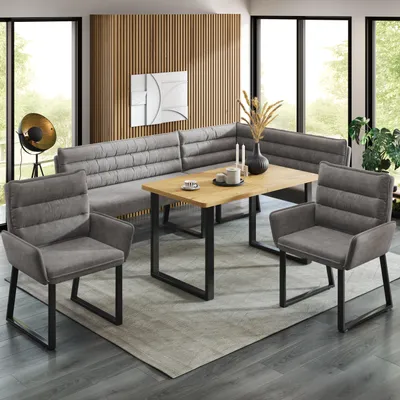 Produktbild von Eckbankgruppe Tischgruppe Eckbank 2 Stühle Esstisch Chenille-Stoff 140 x 80 cm Grau Holzfarbe