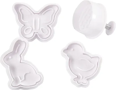 Produktbild von Creativ Company Ausstechformen mit Stempel, Osterei, Hase, Huhn, Schmetterling, H: 5 cm, weiß, 4 Stück 1 Box